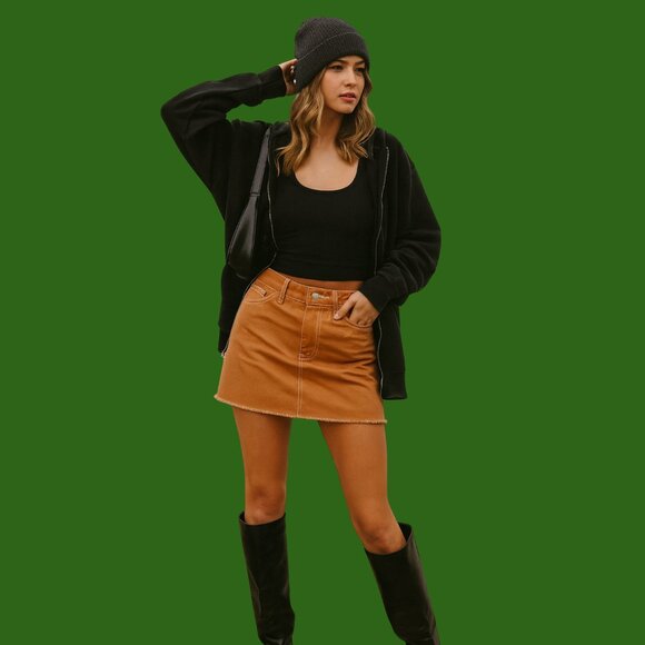 Forever 21 Raw Hem Tan Denim Mini Skirt (Size M) - Picture 1 of 9